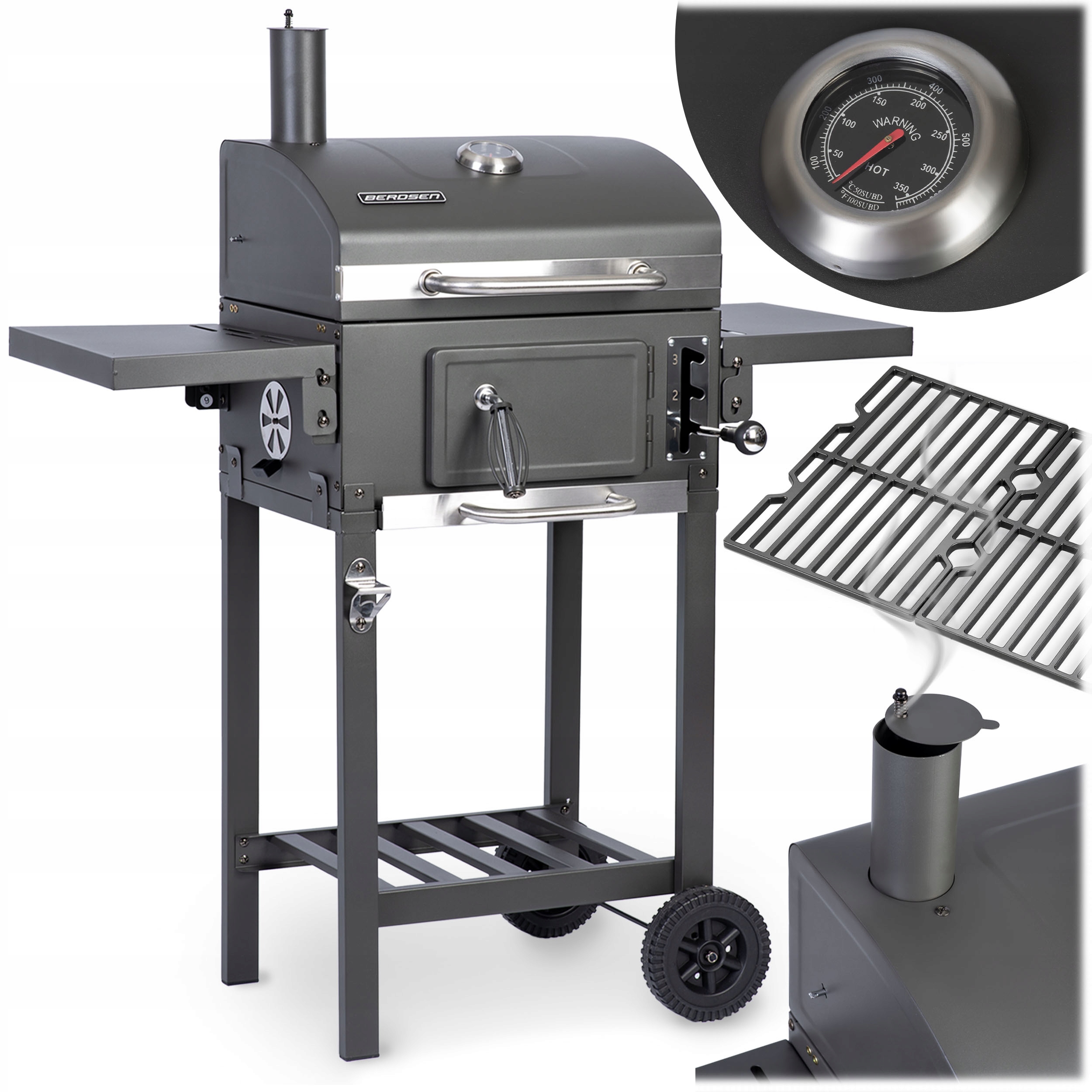 GRILL WĘGLOWY OGRODOWY KOMIN ŻELIWNY RUSZT Z POKRYWĄ POPIELNIK + TERMOMETR